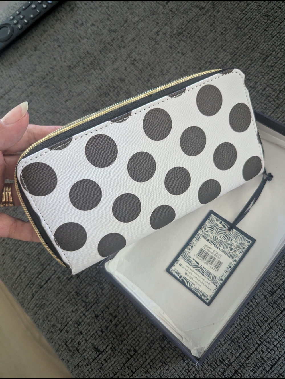 Dabney Lee White Wallet with Black Polka Dots and Gold Zipper